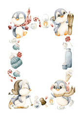 Cute Penguins Winter Fun Sports Frame. Watercolor hand drawn illustration isolated on white background for north design Christmas or Valentine card baby template nursery kids holiday print label logo