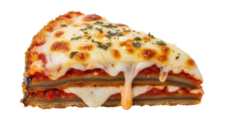 Slice of cheesy eggplant parmesan with melted mozzarella and tomato sauce cheese melted cheese