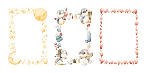 Cute Winter Funs Frames with penguins star heart. Watercolor hand drawn illustration isolated on white background for kids design Christmas Valentine card baby template nursery holiday print label