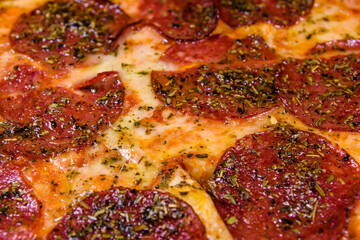 Background of the pizza with salami sausage and parmesan cheese
