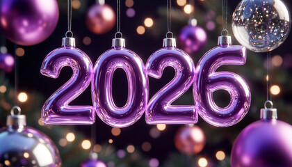 Happy New Year 2026. Purple 3D numbers, transparent Christmas ball