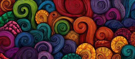 Organic doodle spirals wrapping bright geometric accents