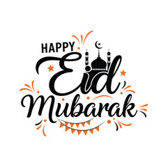 Happy Eid Mubarak Greeting Typography with Mosque, Stars, and Decorative Elements