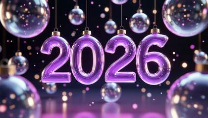 Purple 2026-shaped Christmas tree ornament for the New Year. 3D rendering