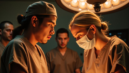 Medical professionals in surgical attire focus intently during procedure, showcasing teamwork and dedication in clinical environment