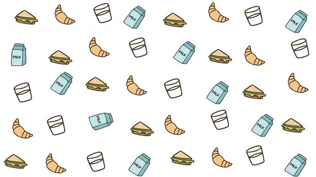 Repeating pattern of sandwich, croissant, milk, and drink icons. Perfect for food blogs, cafe menus, restaurant branding, and social media graphics.