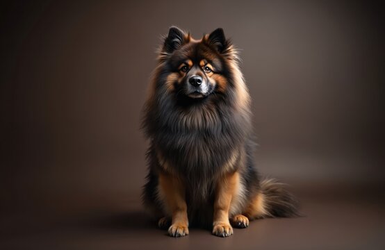 Fluffy keeshond dog poses indoors against plain brown background. This loyal companion looks alert, calm, and friendly. Its thick fur coat is grey and tan colors.