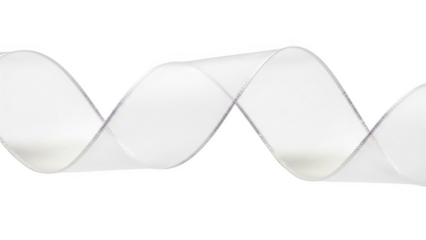 White satin ribbon with silver stitching curled on black background fabric material