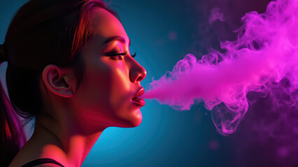 Woman exhales colorful vapor in dramatic lighting setting, showcasing blend of pink and blue hues. atmosphere is vibrant and artistic