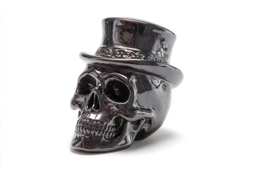 Ornate skull with a top hat, glossy finish, isolated on white background, 32,