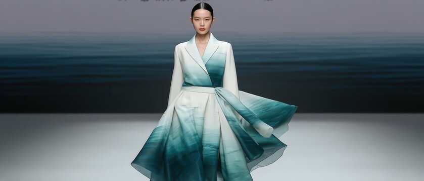 A model showcases a flowing dress with a stunning gradient design, embodying elegance and sophistication, This image is perfect for fashion magazines, websites, or promotional materials,
