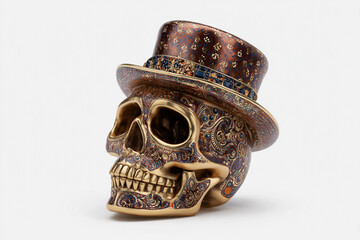 Ornate skull with a top hat, glossy finish, isolated on white background, 32,