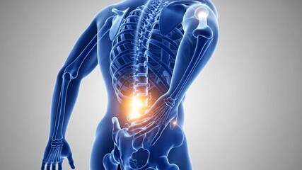 Human skeletal system with highlighted lower back area, suitable for medical, educational or fitness content, diagrams, or presentations.