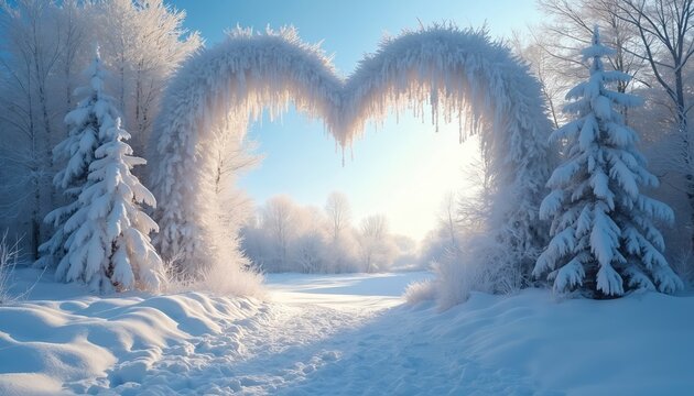 Snow covered forest forms heart shape archway. Winter landscape glows with soft sunlight. Peaceful path leads through frosty trees under blue sky. Serene beauty awaits. - Powered by Adobe