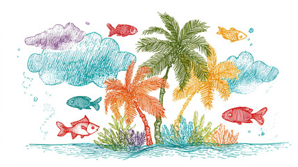 Palm trees, rain clouds, and playful fish in vibrant doodle, isolated on white background