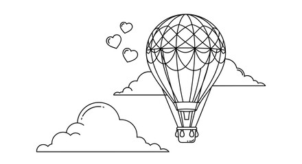 Fototapeta premium Outline drawing of a large hot air balloon flying among clouds and hearts is designed for creative coloring activities and fun.