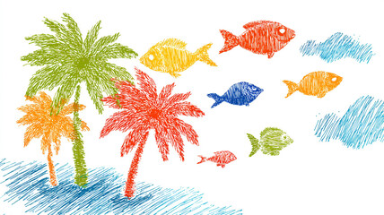 Palm trees, rain clouds, and playful fish in vibrant doodle, isolated on white background