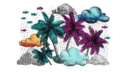 Palm trees, rain clouds, and playful fish in vibrant doodle, isolated on white background