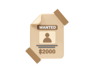 Wanted Poster Icon with Reward for Missing Person illustration 3d render
