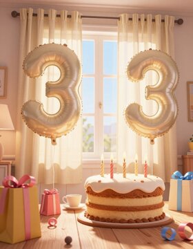 Birthday celebration with 33th anniversary cake and gifts