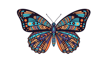 Beautifully patterned butterfly displays symmetrical wings with intricate geometric designs in blue, orange, and purple color tones.