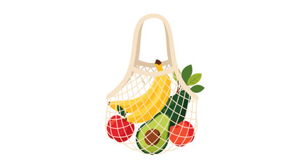 Eco friendly mesh shopping bag is filled with a variety of healthy fruits including a yellow banana, green avocado, and red apples.