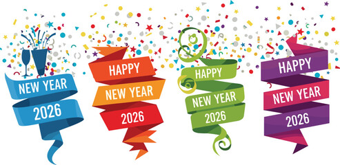 Happy New Year 2026 ribbon vector set, colorful festive designs with confetti, stars, champagne, streamers, greeting layout for celebration, holiday, joy