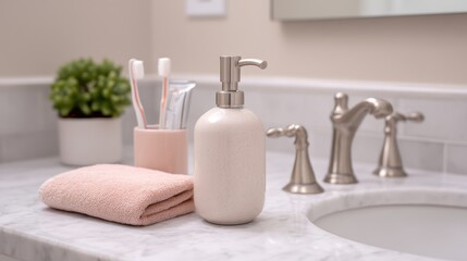 Elegant bathroom countertop arrangement featuring a sleek soap dispenser, soft towel, toothbrushes, and a small plant for a serene atmosphere