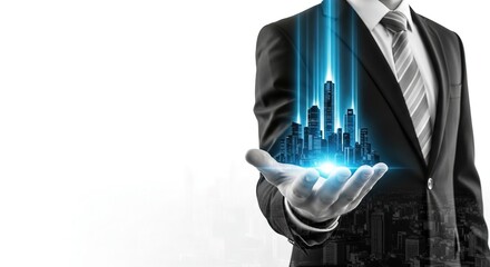 A businessman holds a futuristic cityscape in his hand, symbolizing innovation and urban development in a modern context.