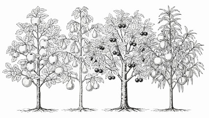 Obraz premium Vintage illustration of four fruit trees with apples and pears.