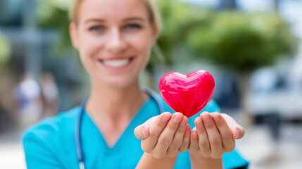 Woman volunteer portrait display, community service dedication, charitable work representation, social support activity, humanitarian effort showcase, defocused background, with co