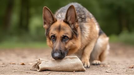 German Shepherd with a Toy in a Nature Setting, Focused Expression and Playful Stance, Outdoor Adventure with Canine Friend, Captivating Moment