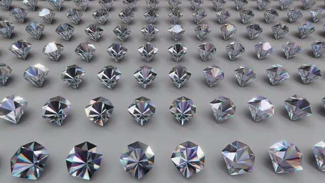 A dense, ordered array of small, rotating 3D diamond shapes (octahedrons) in highly reflectif