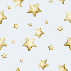 Cute golden stars seamless pattern on blue background. Watercolor hand drawn isolated illustration for kids Ramadan