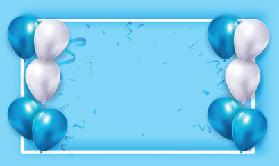 Wallpaper with 3d realistic blue silver cyan glossy balloons and confetti as a frame © yaqoob