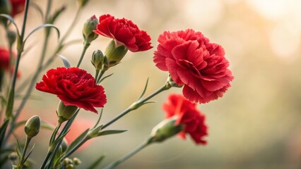 Obraz premium Vibrant Red Carnations in Soft Natural Light with Green Stems and Buds in the Background