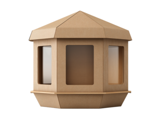 Octagonal brown kraft paper box with clear windows and a peaked roof isolated on a transparent background