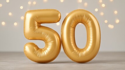 Golden foil balloons shaped like the number 50, celebrating milestone birthdays, anniversaries, and special occasions with a festive background of soft bokeh lights