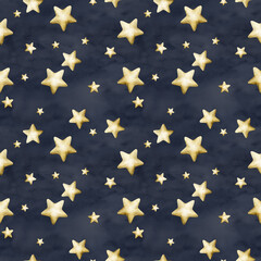 Cute golden stars seamless pattern on dark blue background. Watercolor hand drawn isolated illustration for kids Ramadan