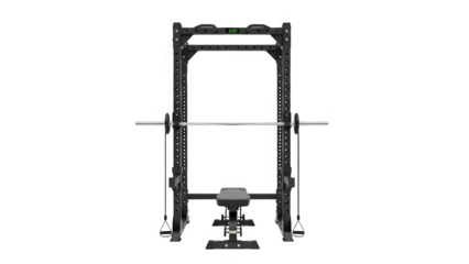Black power rack with barbell and adjustable bench on black background gym equipment