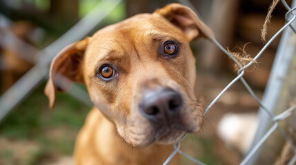 Warm minimalist animal shelter capture, rescue dog behind chain-link fence, empathy-driven adoption campaign, social impact community engagement, compassionate animal welfare, with