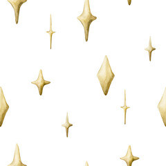Cute golden sparkle twinkles seamless pattern on white background. Watercolor hand drawn isolated illustration for baby nursery textile kids fabric Muslim holiday Ramadan design print Eid Mubarak