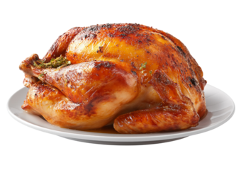 A whole roasted turkey with golden brown crispy skin and herbs on a white platter isolated on a transparent background