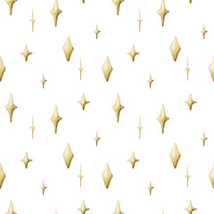 Cute golden sparkle twinkles seamless pattern on white background. Watercolor hand drawn isolated illustration for baby nursery textile kids fabric Muslim holiday Ramadan design print Eid Mubarak