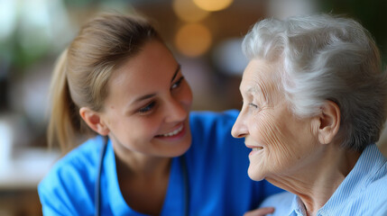 Compassionate caregiver providing gentle support, elderly patient demonstrating attention, personalized care medical compassion, senior assistance moment, defocused clinical settin