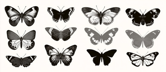 Old-style butterfly silhouettes with soft shading isolated on white background
