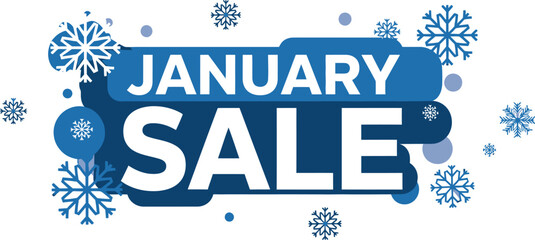 Bold graphic banner design announcing a limited time january sale event surrounded by decorative stylized blue and white winter snowflakes and seasonal promotion elements