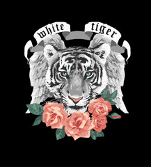 white tiger slogan with roses ornament vector illustration on black background