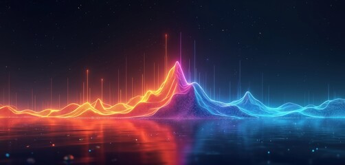 Abstract digital landscape with colorful peaks and valleys in dark space. Orange and blue waves reflect on water. Glowing lines rise from terrain. Futuristic sound visual.