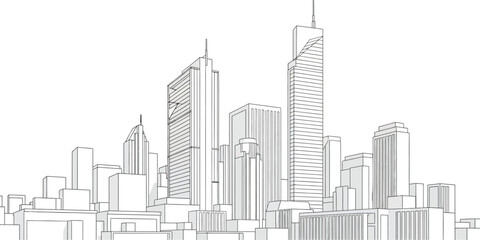 Fototapeta premium Simple black and white line art drawing illustrating a dense modern city skyline featuring tall skyscrapers and various architectural building outlines.